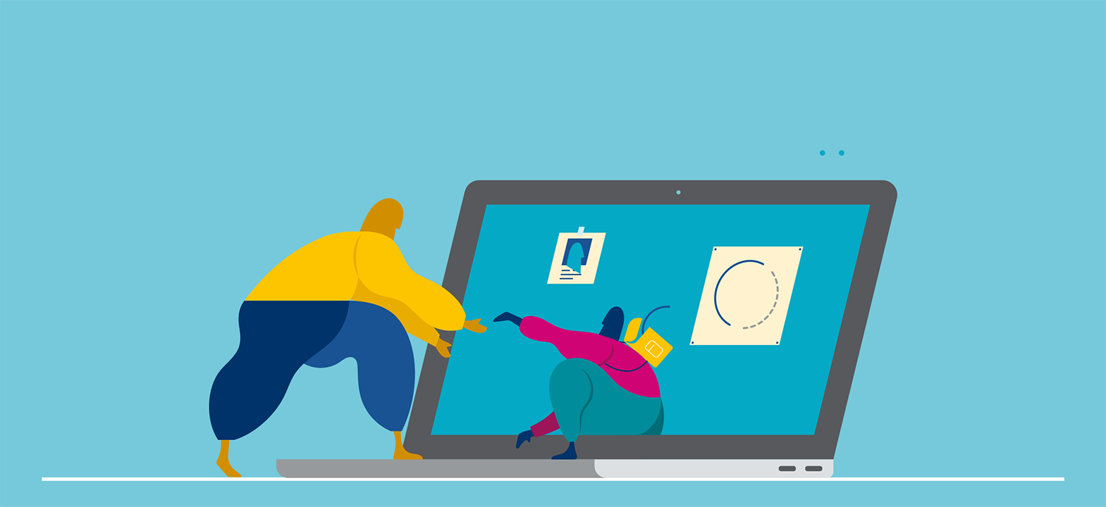 One person getting out of the screen of a laptop, another helping him/her.