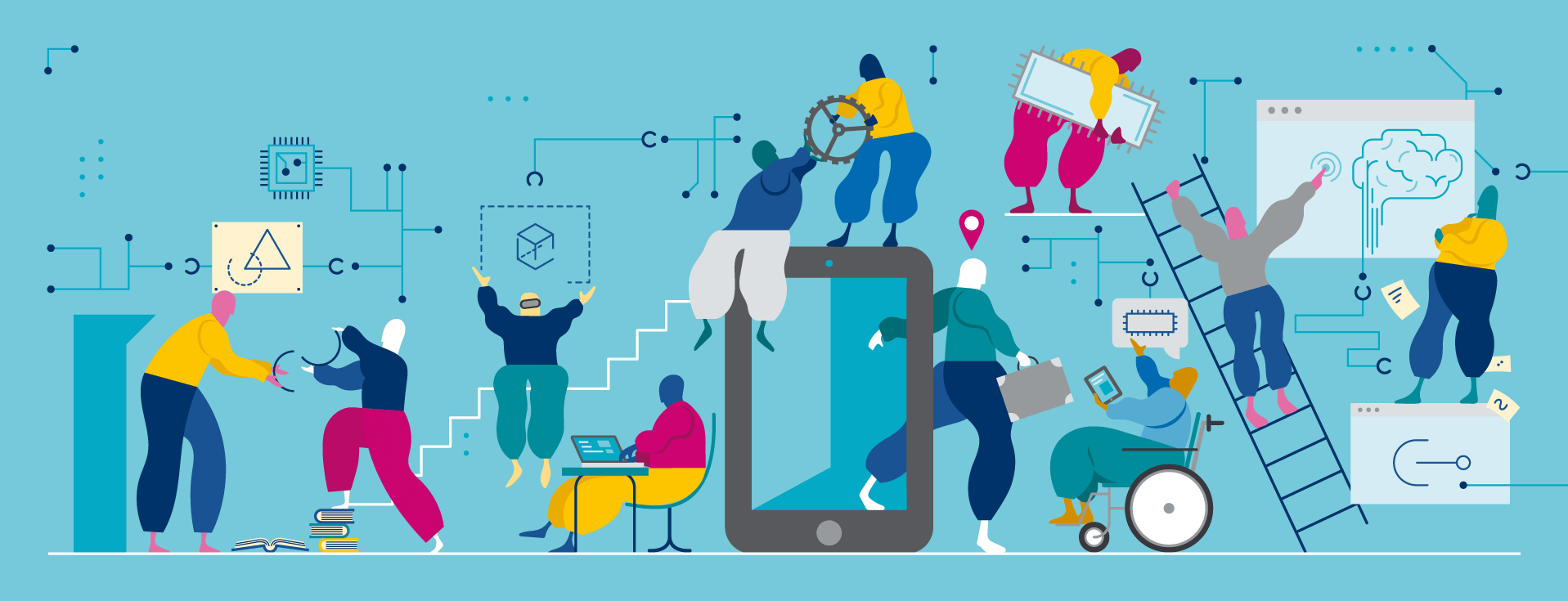 Unterschiedliche Menschen arbeiten alleine oder zusammen an digitalen Projekten.